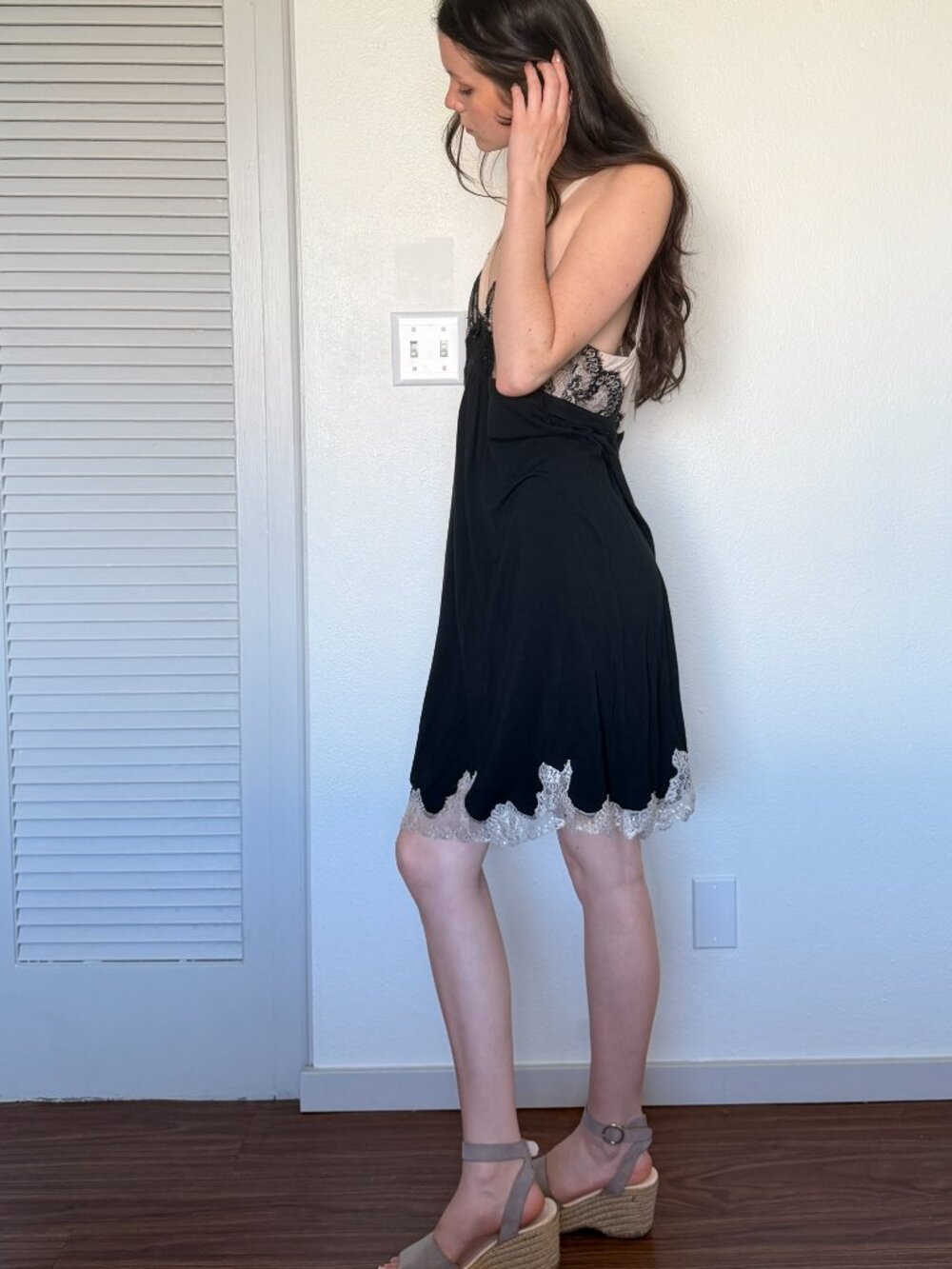 Y2K Mini Babydoll Dress (L) large black tan vintage lace sexy nightie glam goth - Picture 2 of 8